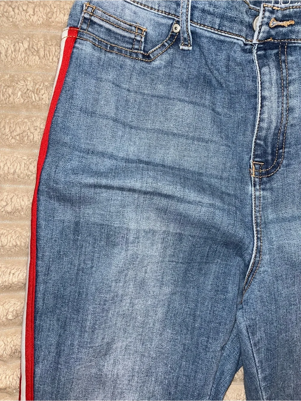 NOBO Mid-Blue Skinny Jeans with Red and White Side Stripes